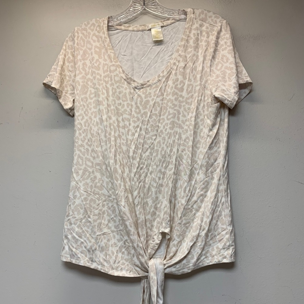 Matty M Leopard Print Tie Front Top Womens Small Tan V-Neck MK7561US/OM